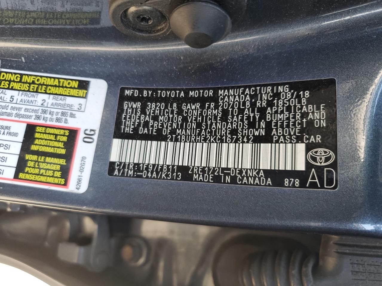 2t1burhe2kc167342 2T1BURHE2KC167342 2019 Toyota Corolla L