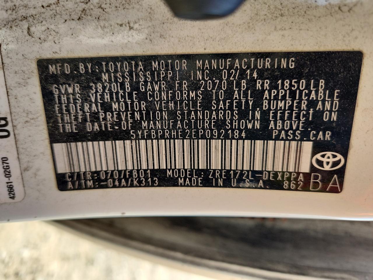 5yfbprhe2ep092184 5YFBPRHE2EP092184 2014 Toyota Corolla Eco