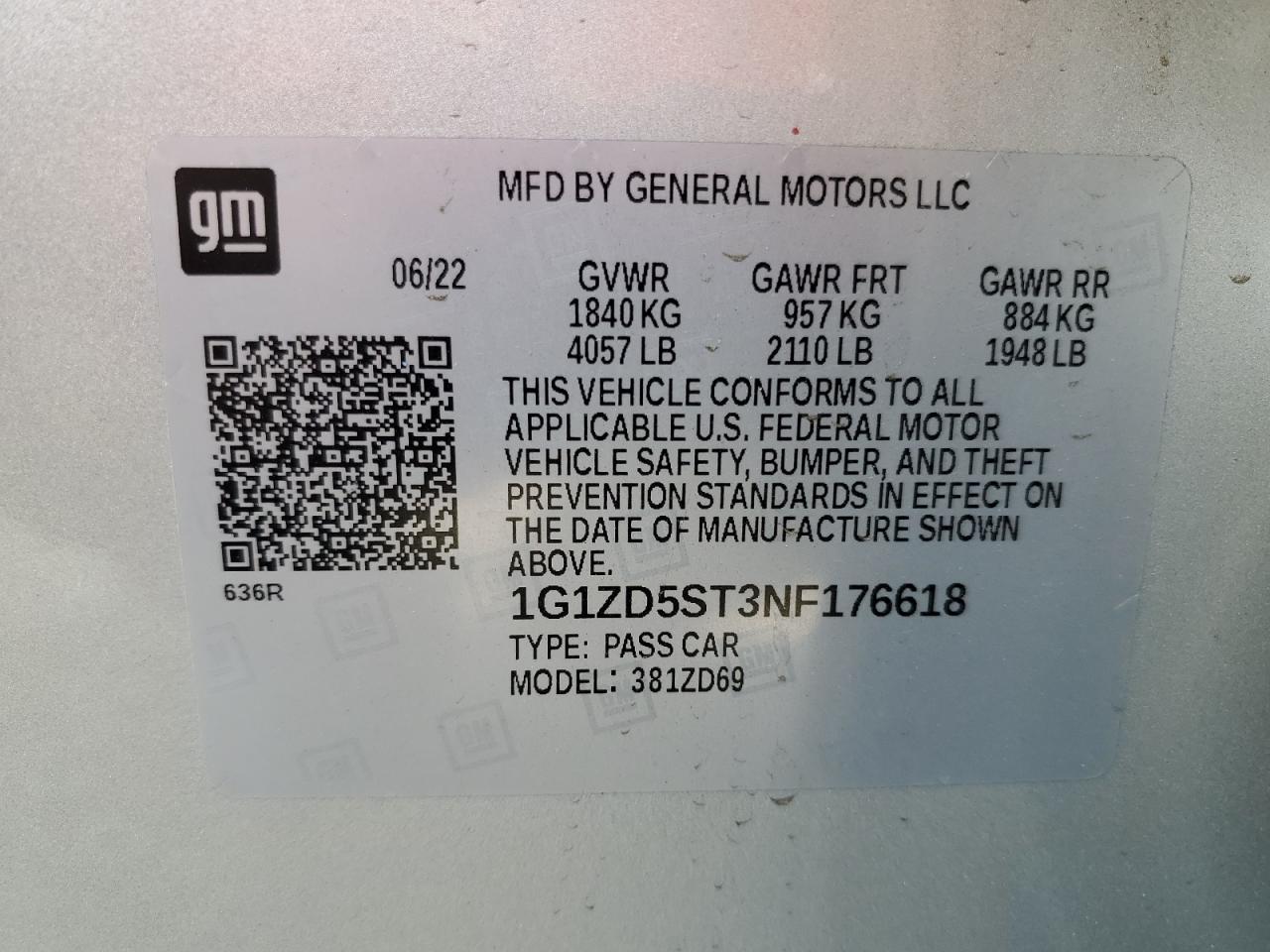 2022 Chevrolet Malibu Lt VIN: 1G1ZD5ST3NF176618 Lot: 64908275