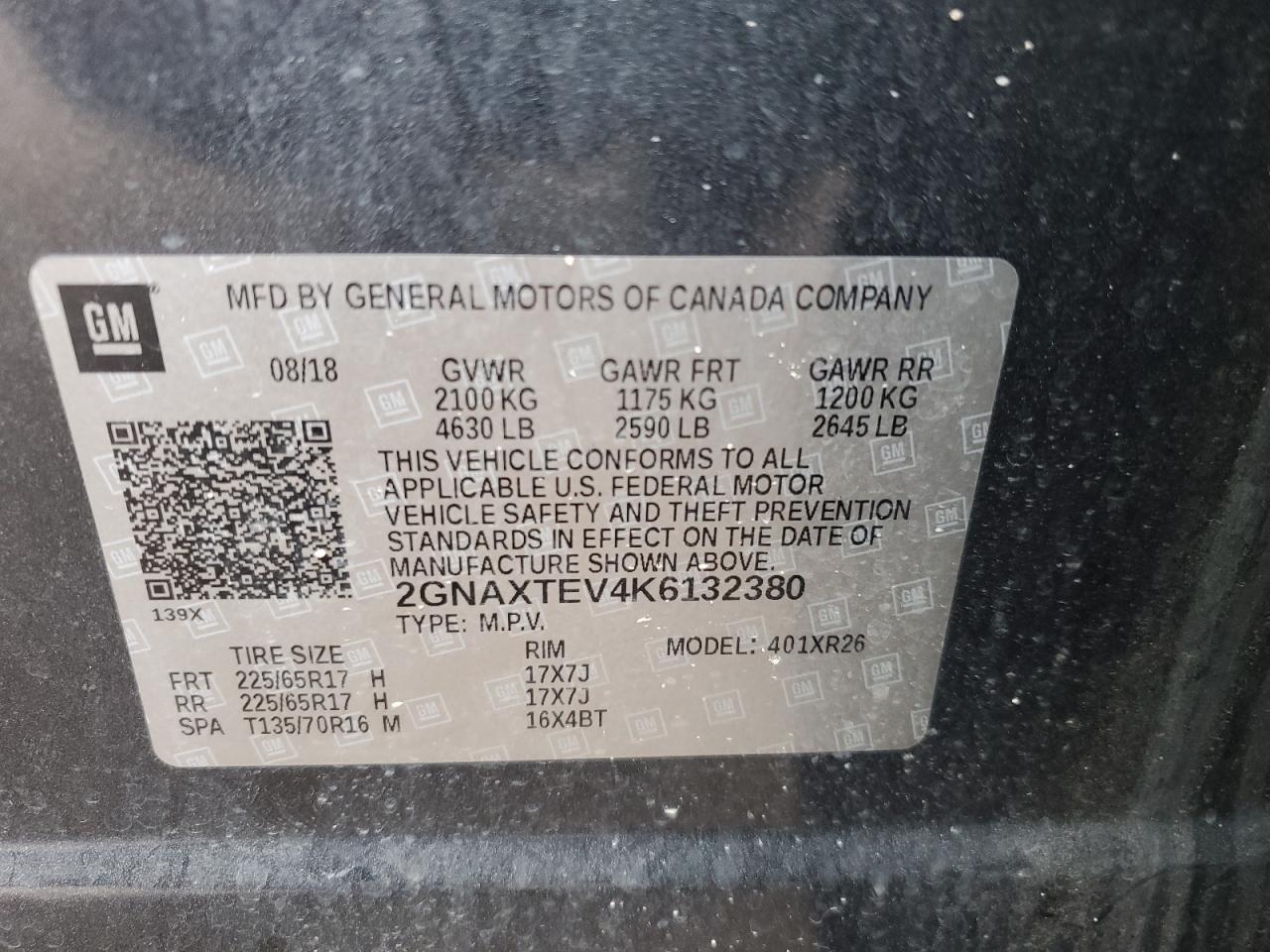 2019 Chevrolet Equinox Lt VIN: 2GNAXTEV4K6132380 Lot: 65270295