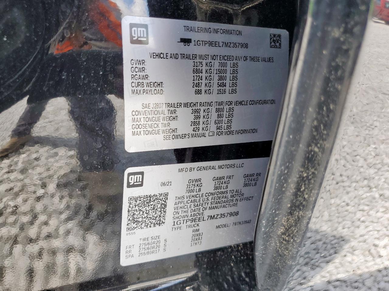 2021 GMC Sierra K1500 At4 VIN: 1GTP9EEL7MZ357908 Lot: 65060275