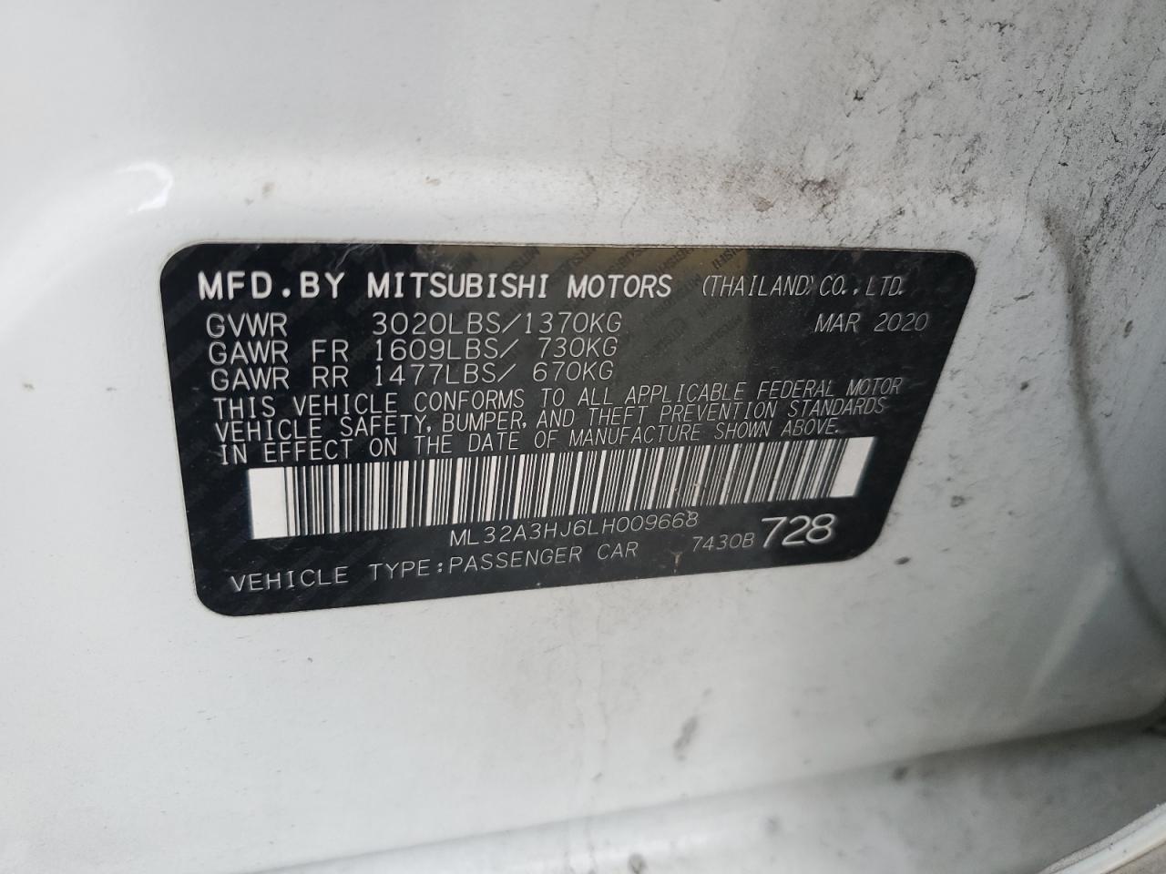 2020 Mitsubishi Mirage Es VIN: ML32A3HJ6LH009668 Lot: 64745805
