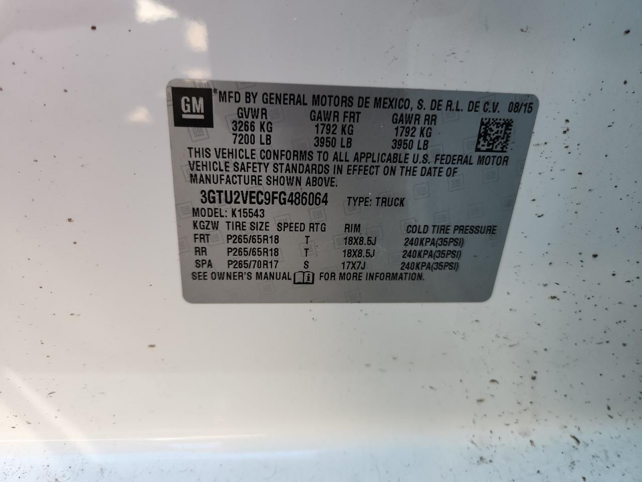 2015 GMC Sierra K1500 Slt VIN: 3GTU2VEC9FG486064 Lot: 63440405