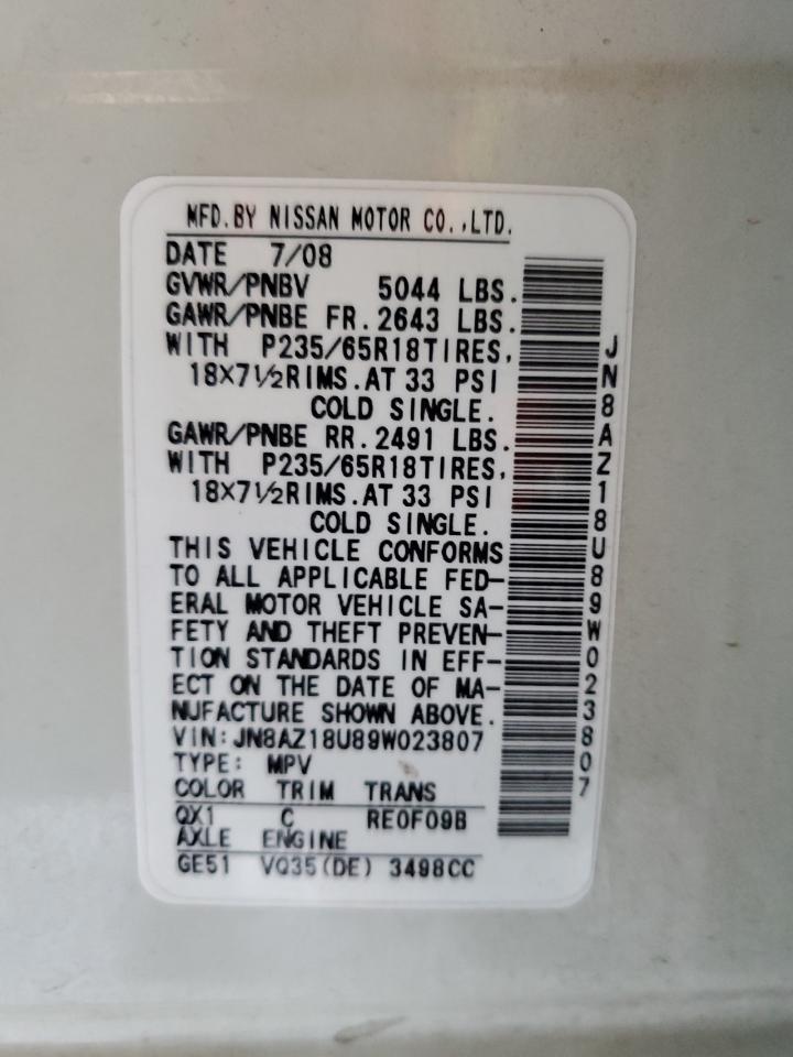 2009 Nissan Murano S VIN: JN8AZ18U89W023807 Lot: 63480805