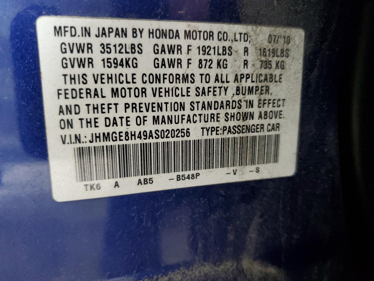 2010 Honda Fit Sport VIN: JHMGE8H49AS020256 Lot: 63561165