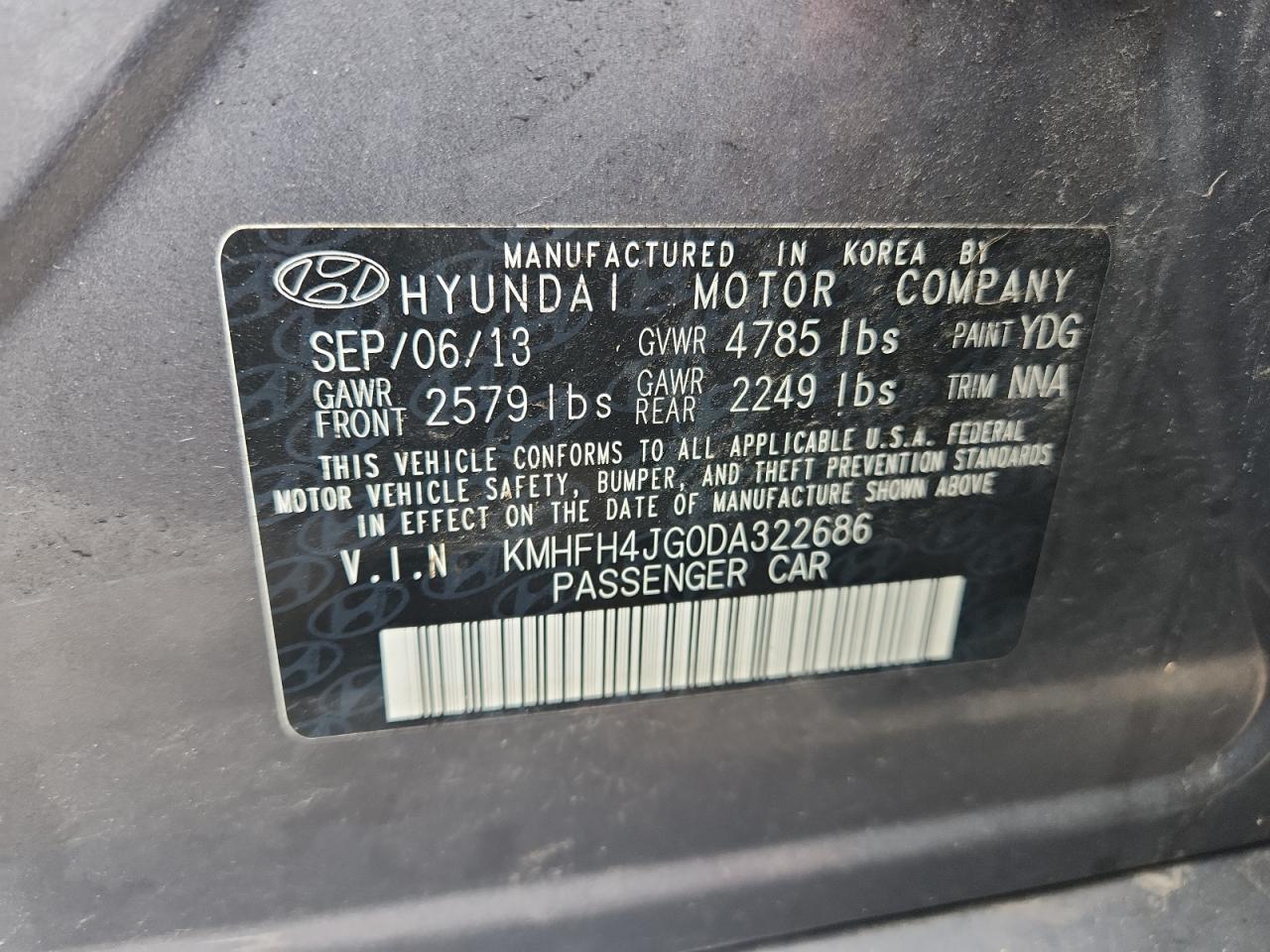 2013 Hyundai Azera Gls VIN: KMHFH4JG0DA322686 Lot: 64457635
