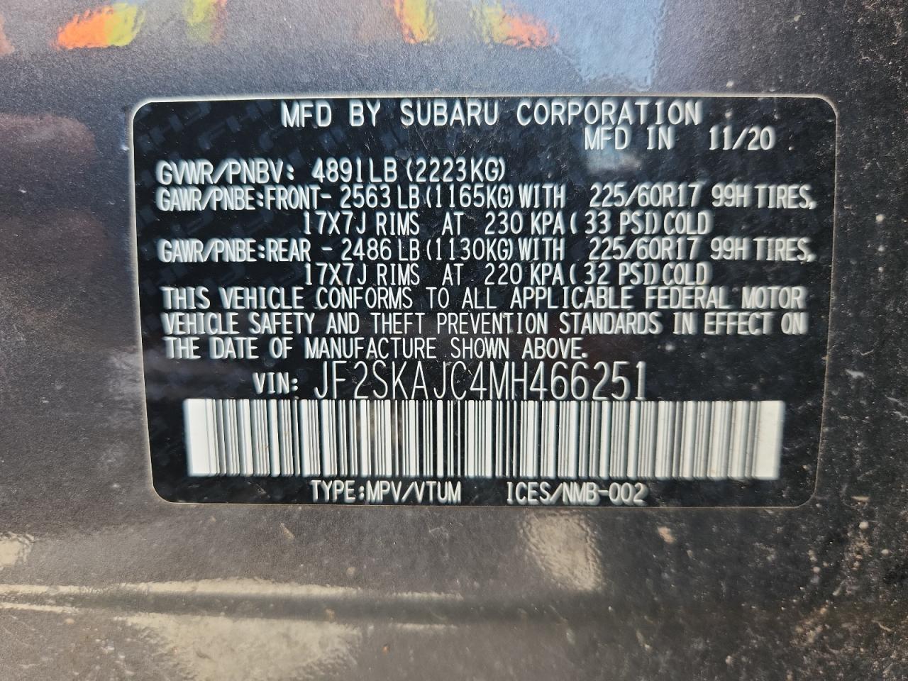 2021 Subaru Forester Premium VIN: JF2SKAJC4MH466251 Lot: 64274515