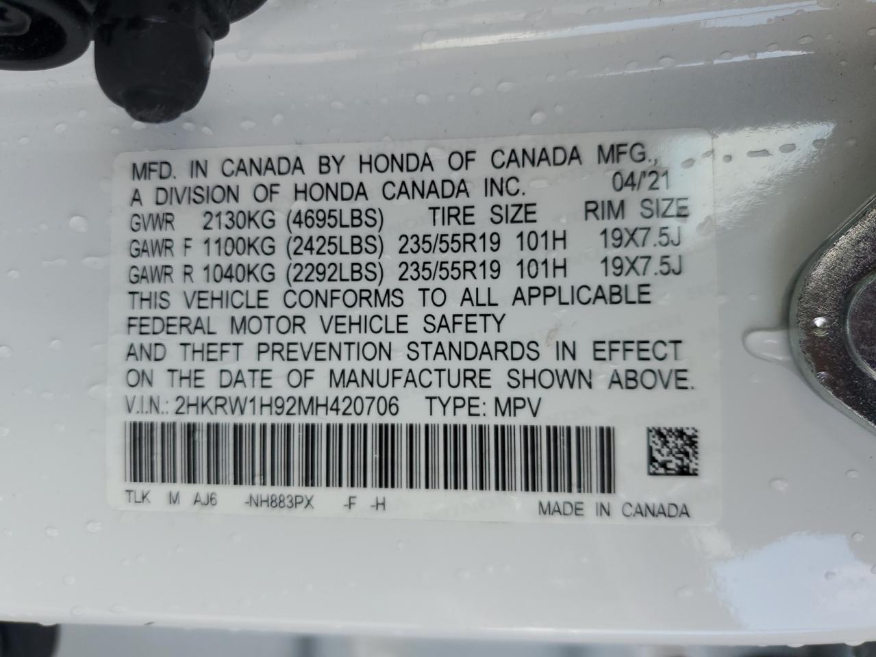 2021 Honda Cr-V Touring VIN: 2HKRW1H92MH420706 Lot: 65084655