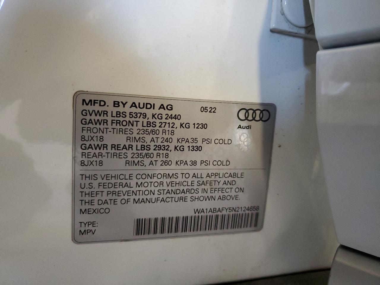 2022 Audi Q5 Premium 40 VIN: WA1ABAFY5N2124658 Lot: 65240485