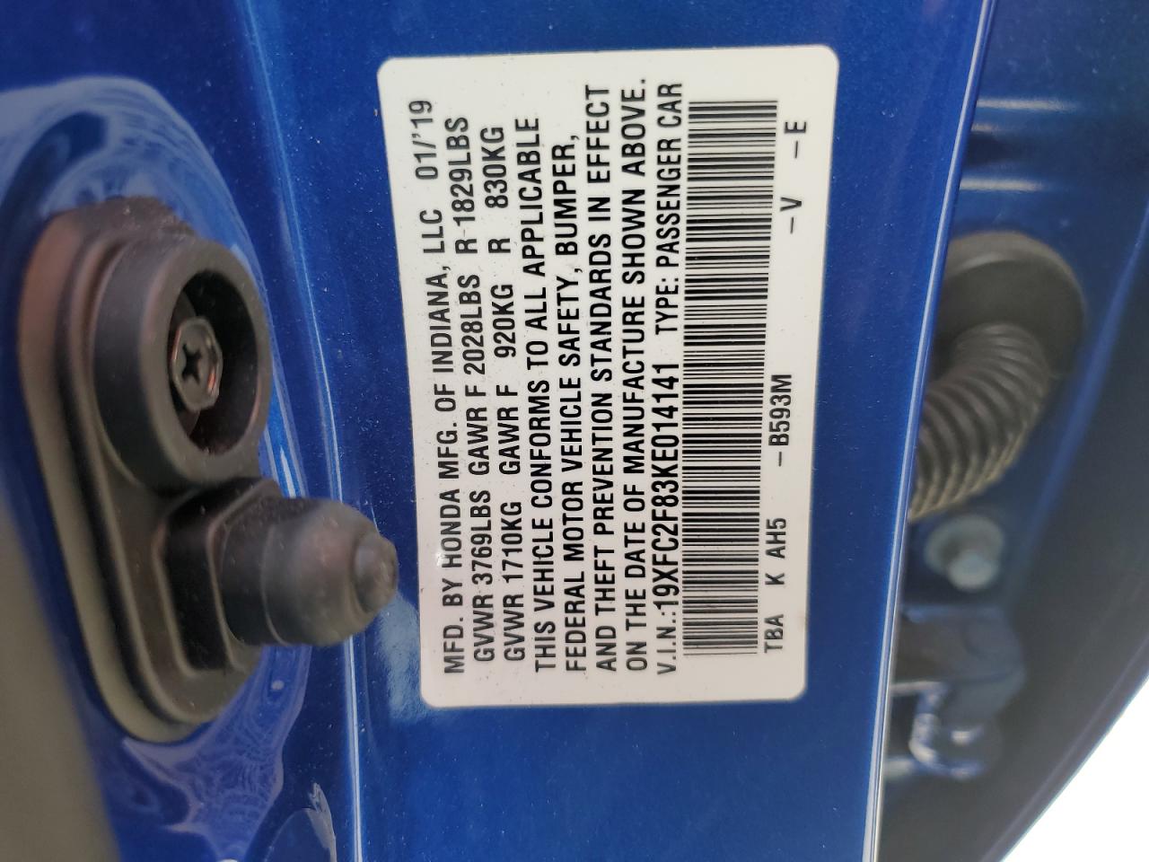 2019 Honda Civic Sport VIN: 19XFC2F83KE014141 Lot: 65605605