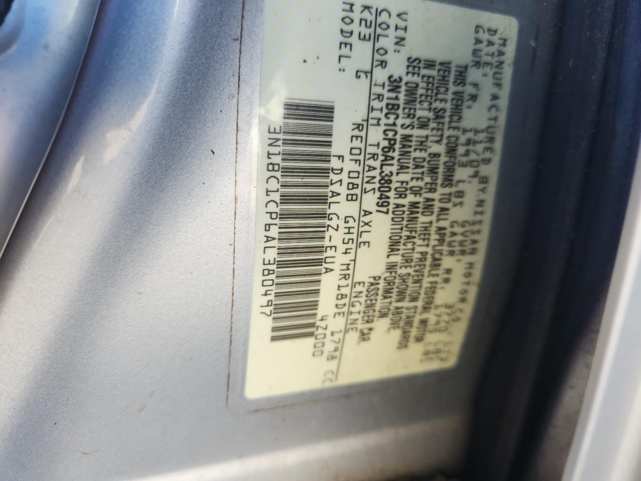 2010 Nissan Versa S VIN: 3N1BC1CP6AL380497 Lot: 63359665