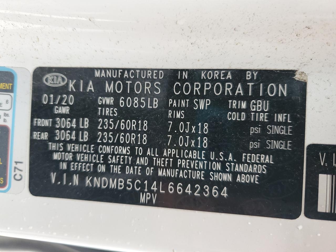 2020 Kia Sedona Lx VIN: KNDMB5C14L6642364 Lot: 63766455