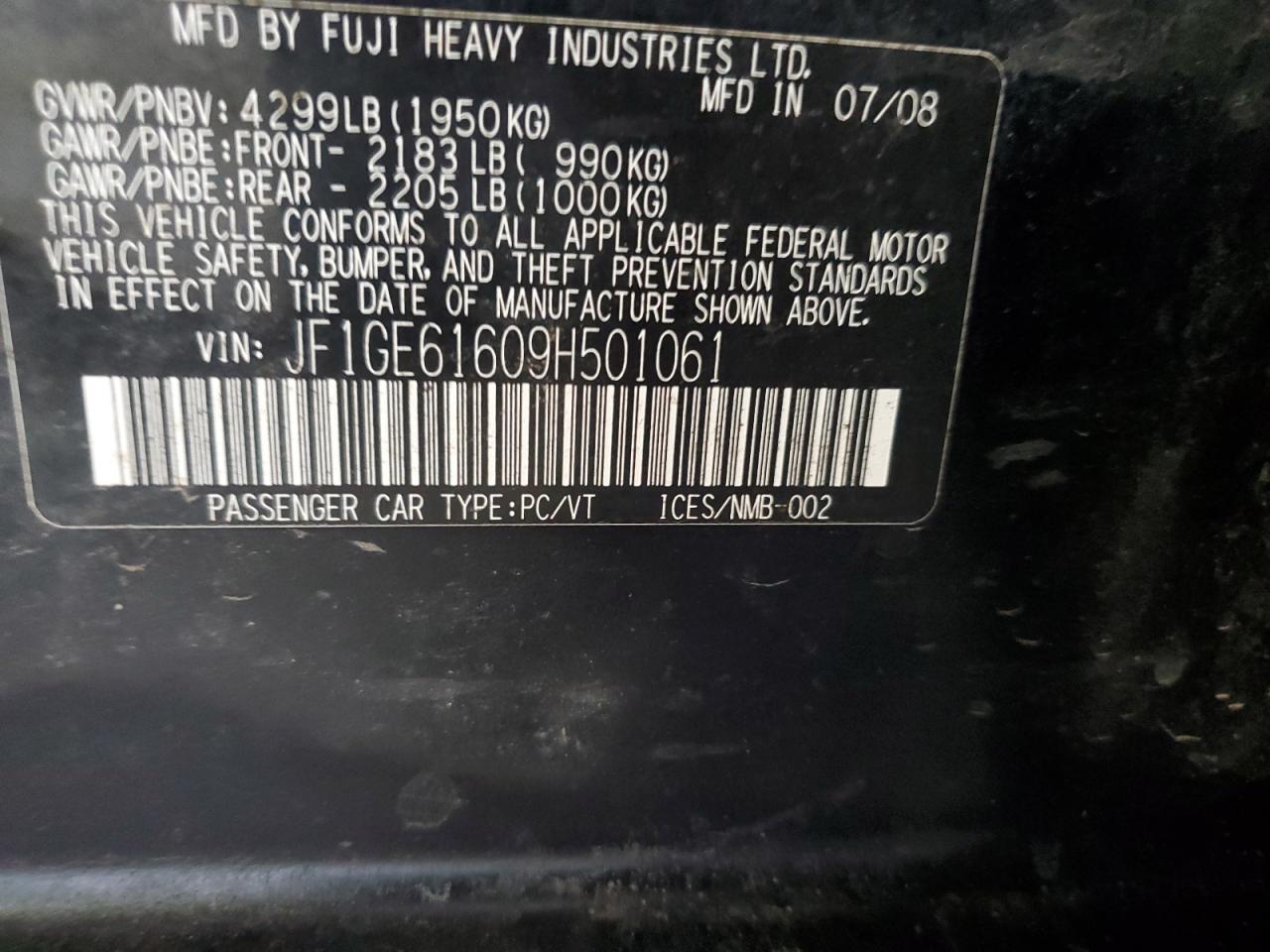 2009 Subaru Impreza 2.5I VIN: JF1GE61609H501061 Lot: 64495395
