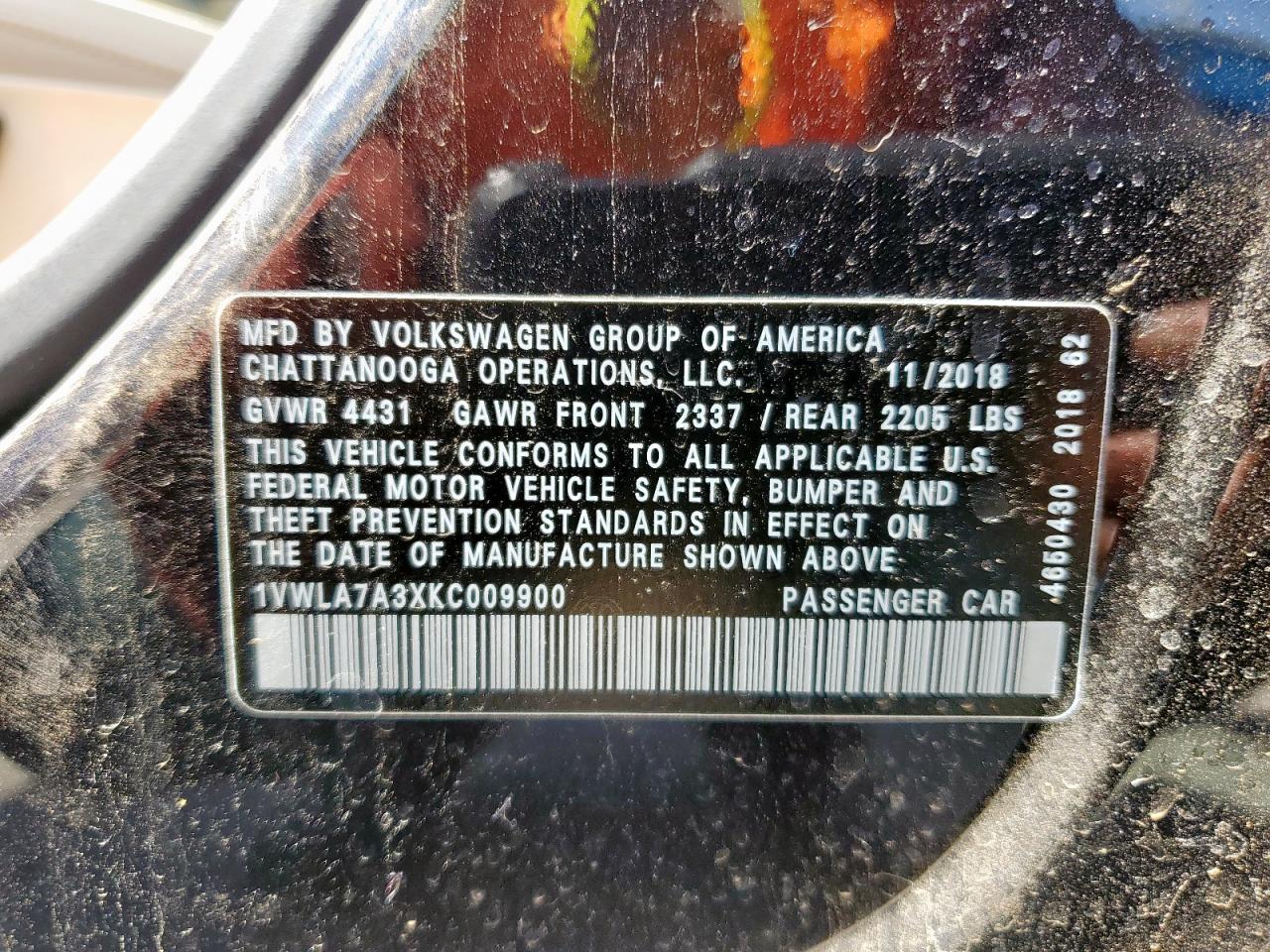 2019 Volkswagen Passat Wolfsburg VIN: 1VWLA7A3XKC009900 Lot: 66308695