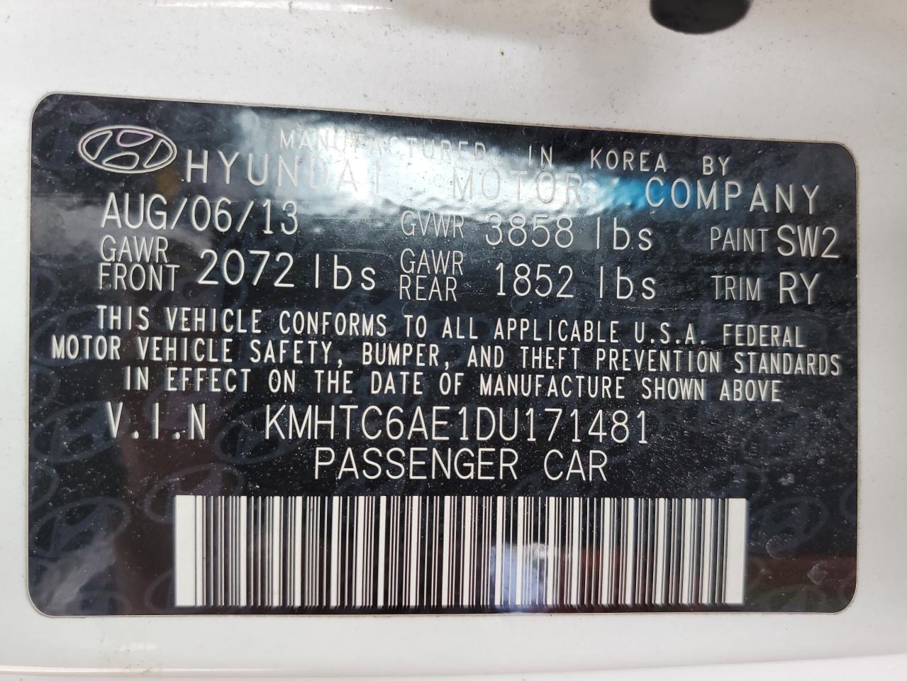 2013 Hyundai Veloster Turbo VIN: KMHTC6AE1DU171481 Lot: 64901155