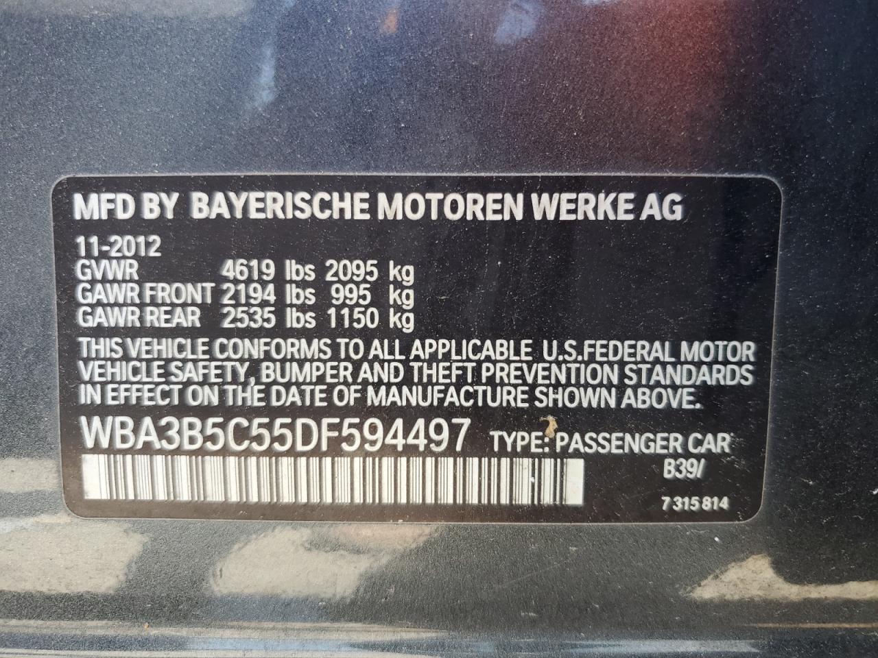 2013 BMW 328 Xi Sulev VIN: WBA3B5C55DF594497 Lot: 66497675