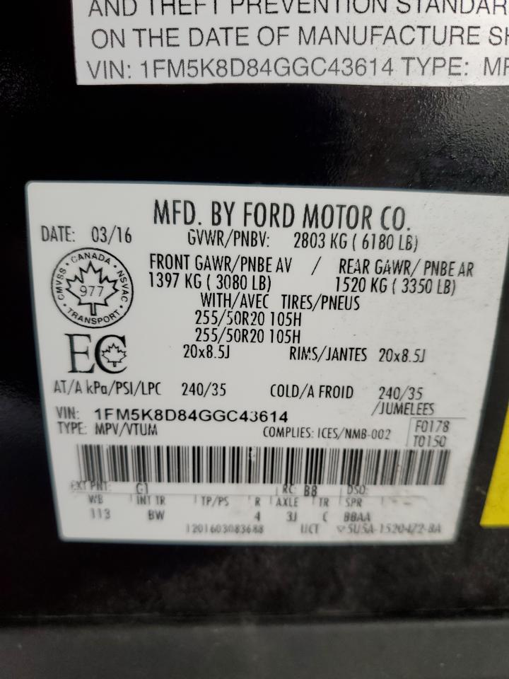2016 Ford Explorer Xlt VIN: 1FM5K8D84GGC43614 Lot: 63374655