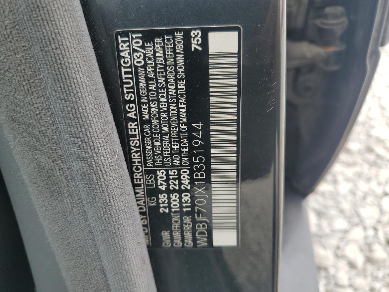2001 Mercedes-Benz E 430 VIN: WDBJF70JX1B351944 Lot: 63948705