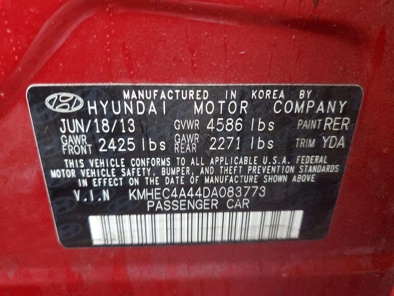 2013 Hyundai Sonata Hybrid VIN: KMHEC4A44DA083773 Lot: 63645155