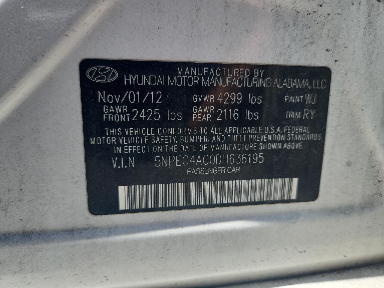 2013 Hyundai Sonata Se VIN: 5NPEC4AC0DH636195 Lot: 65631125