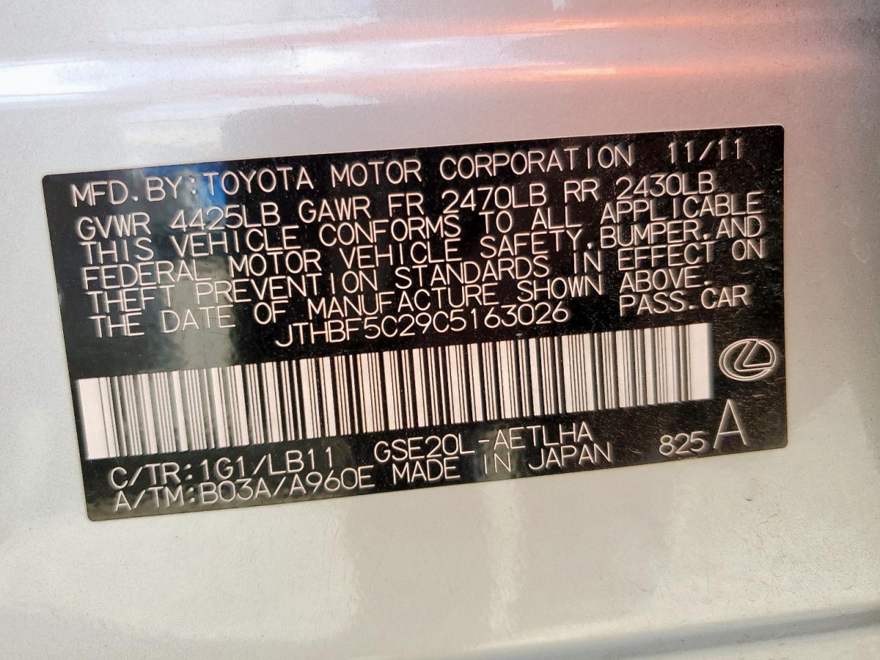 2012 Lexus Is 250 VIN: JTHBF5C29C5163026 Lot: 63526485