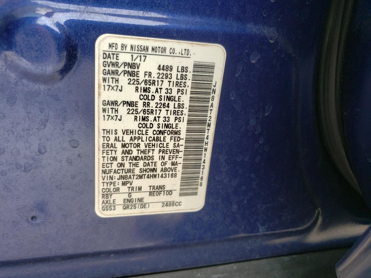 2017 Nissan Rogue S VIN: JN8AT2MT4HW143168 Lot: 65497105