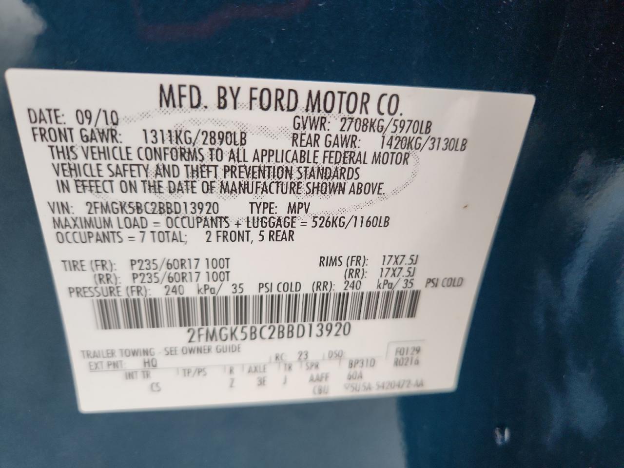 2011 Ford Flex Se VIN: 2FMGK5BC2BBD13920 Lot: 63240655