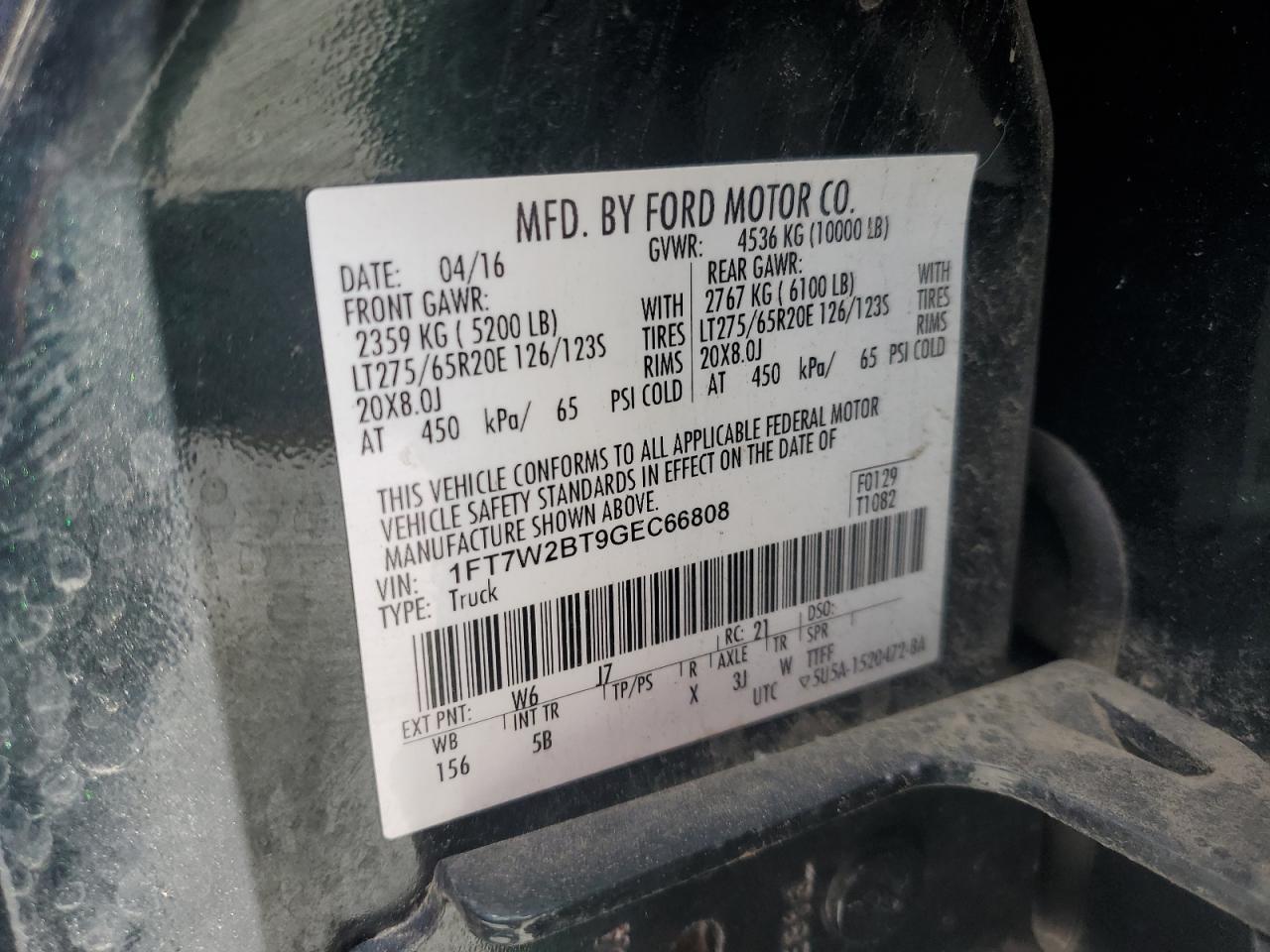 2016 Ford F250 Super Duty VIN: 1FT7W2BT9GEC66808 Lot: 64831505