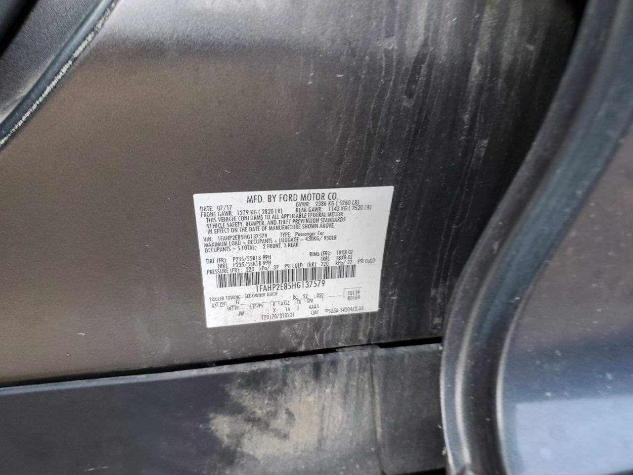 2017 Ford Taurus Sel VIN: 1FAHP2E85HG137579 Lot: 66258215