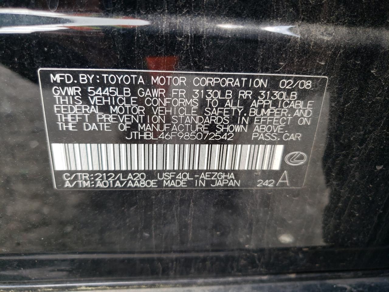2008 Lexus Ls 460 VIN: JTHBL46F985072542 Lot: 62870185
