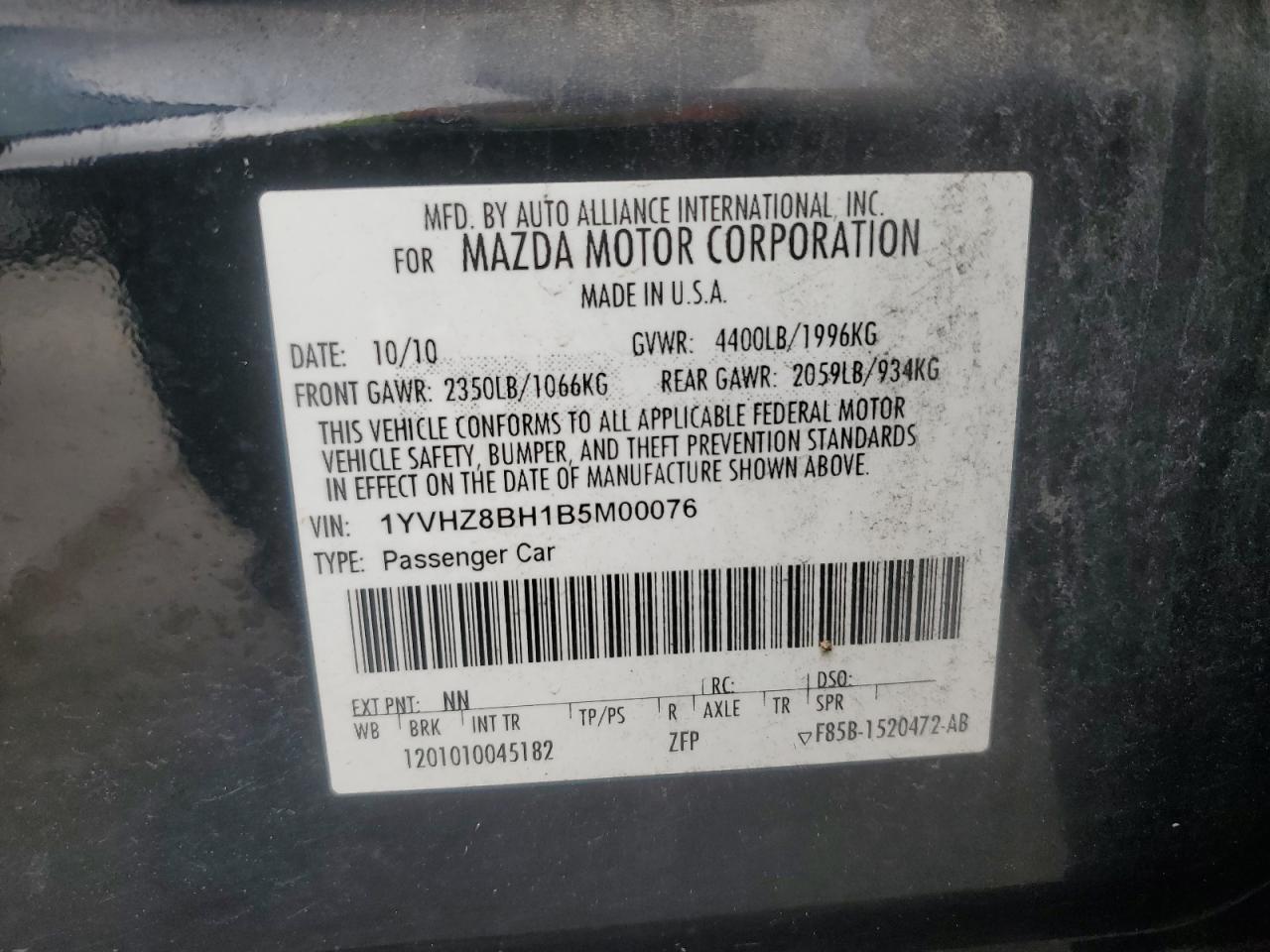 2011 Mazda 6 I VIN: 1YVHZ8BH1B5M00076 Lot: 65257705