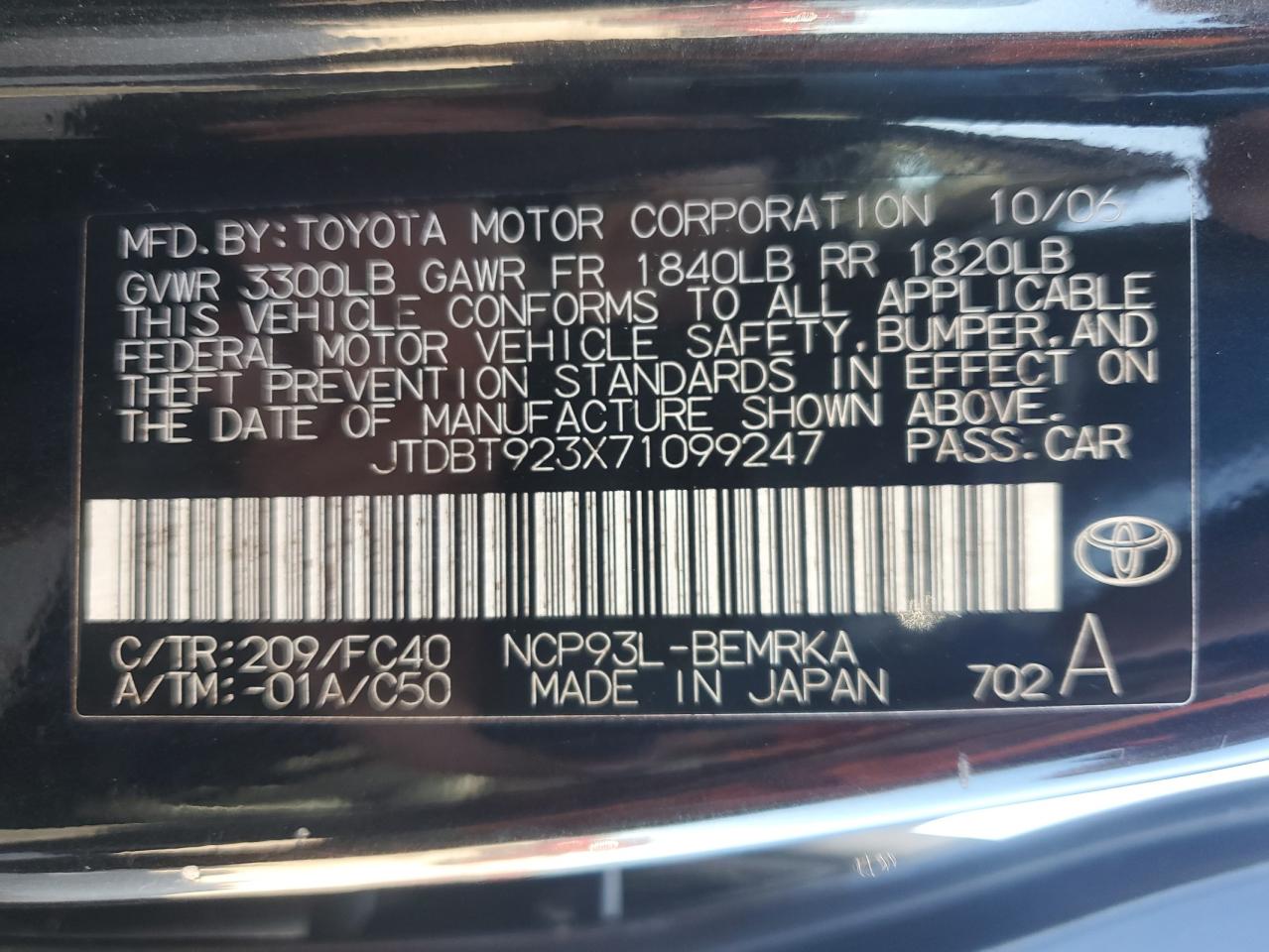 2007 Toyota Yaris VIN: JTDBT923X71099247 Lot: 64725235