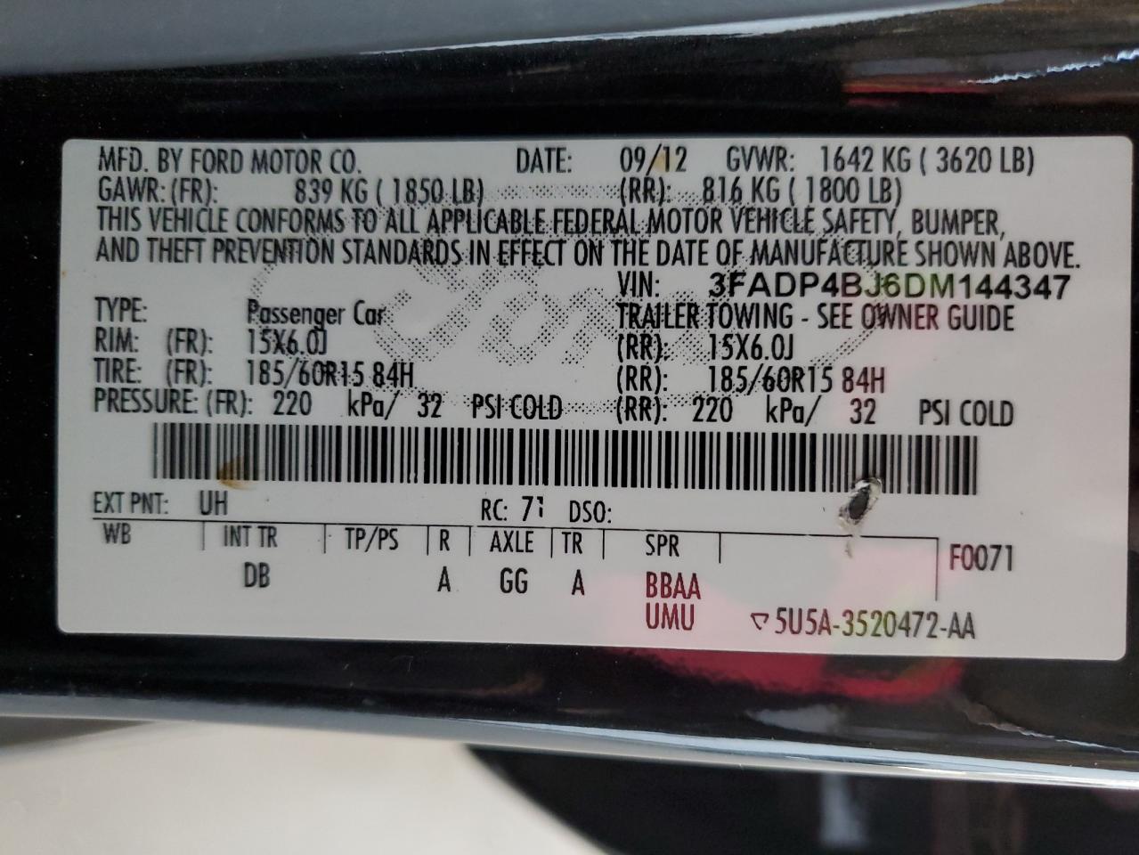 2013 Ford Fiesta Se VIN: 3FADP4BJ6DM144347 Lot: 64779295