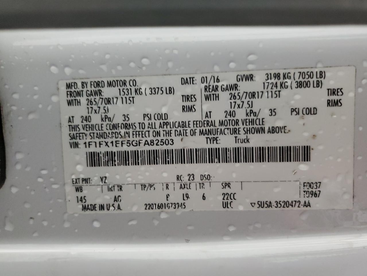 2016 Ford F150 Super Cab VIN: 1FTFX1EF5GFA82503 Lot: 65193605