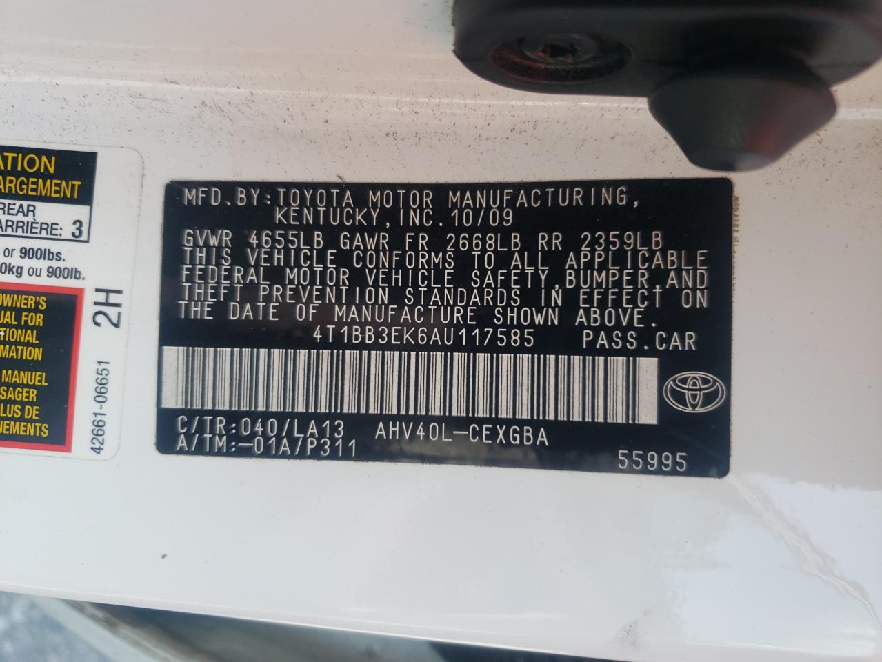 2010 Toyota Camry Hybrid VIN: 4T1BB3EK6AU117585 Lot: 65286855