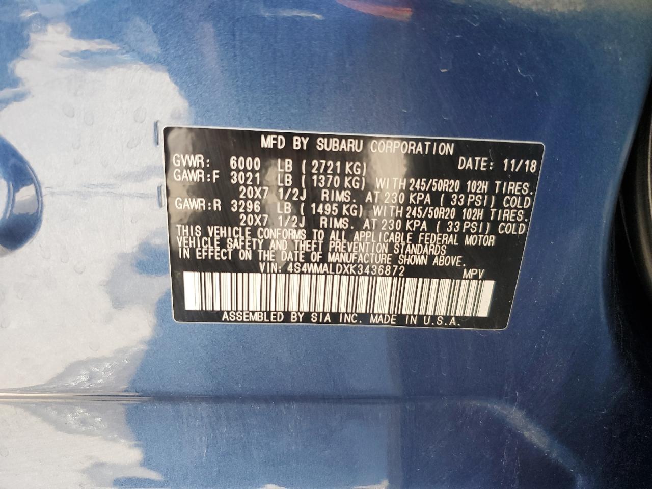 2019 Subaru Ascent Limited VIN: 4S4WMALDXK3436872 Lot: 64687225