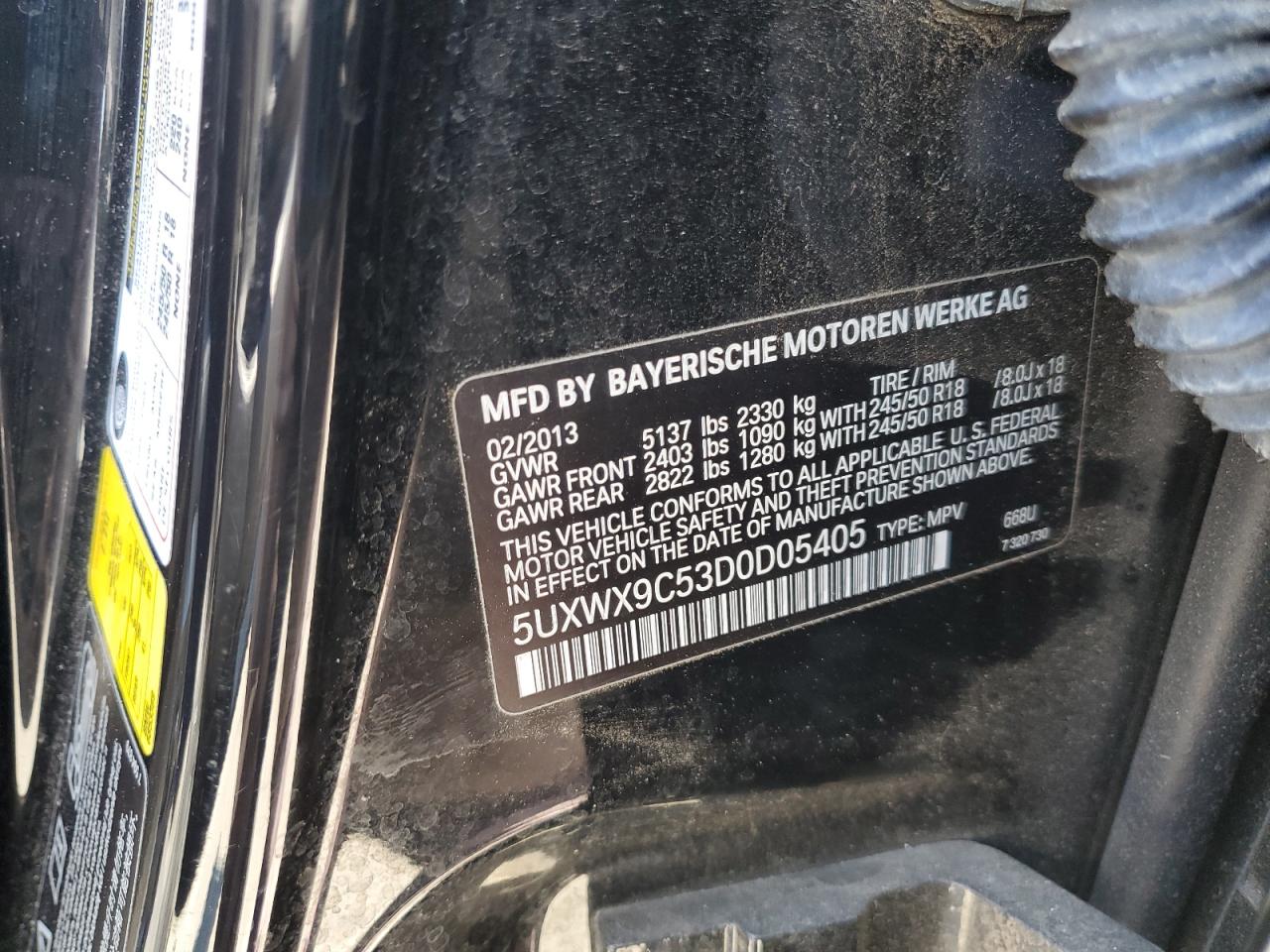 2013 BMW X3 xDrive28I VIN: 5UXWX9C53D0D05405 Lot: 66606555