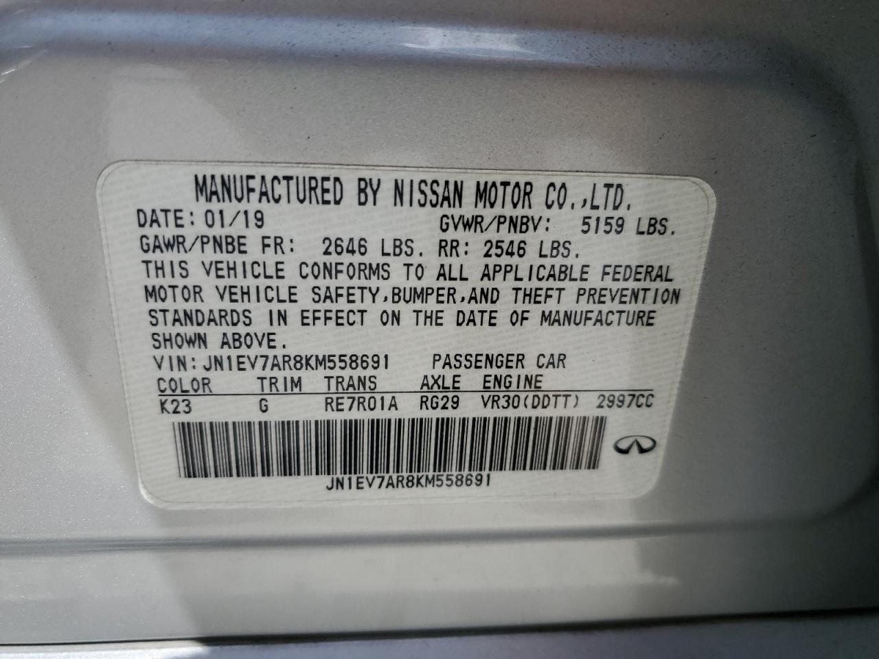 2019 Infiniti Q50 Luxe VIN: JN1EV7AR8KM558691 Lot: 62877895
