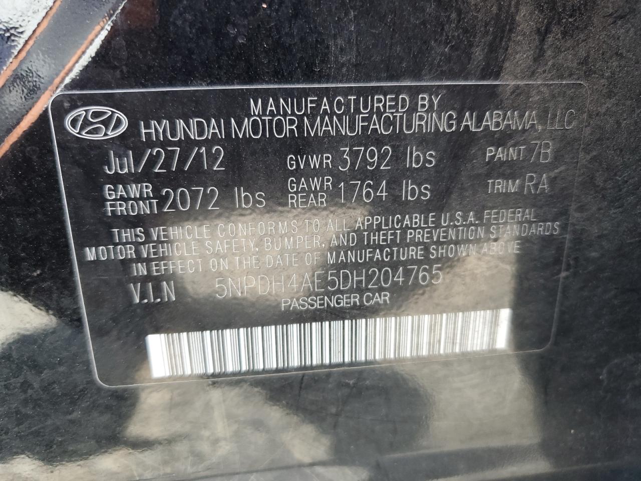 2013 Hyundai Elantra Gls VIN: 5NPDH4AE5DH204765 Lot: 65160985