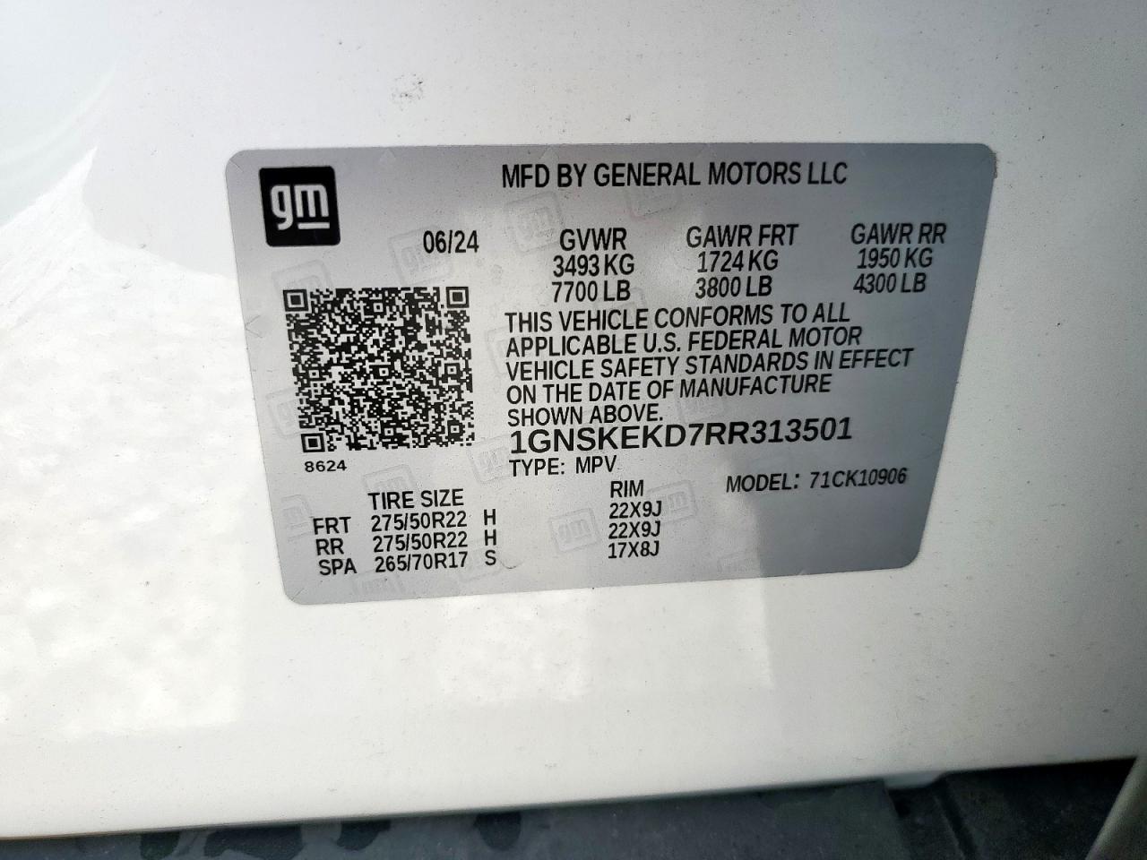 2024 Chevrolet Suburban K1500 Rst VIN: 1GNSKEKD7RR313501 Lot: 65525385