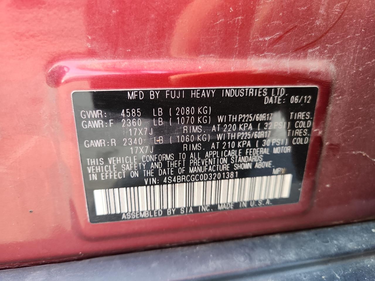 2013 Subaru Outback 2.5I Premium VIN: 4S4BRCGC0D3201381 Lot: 64612745