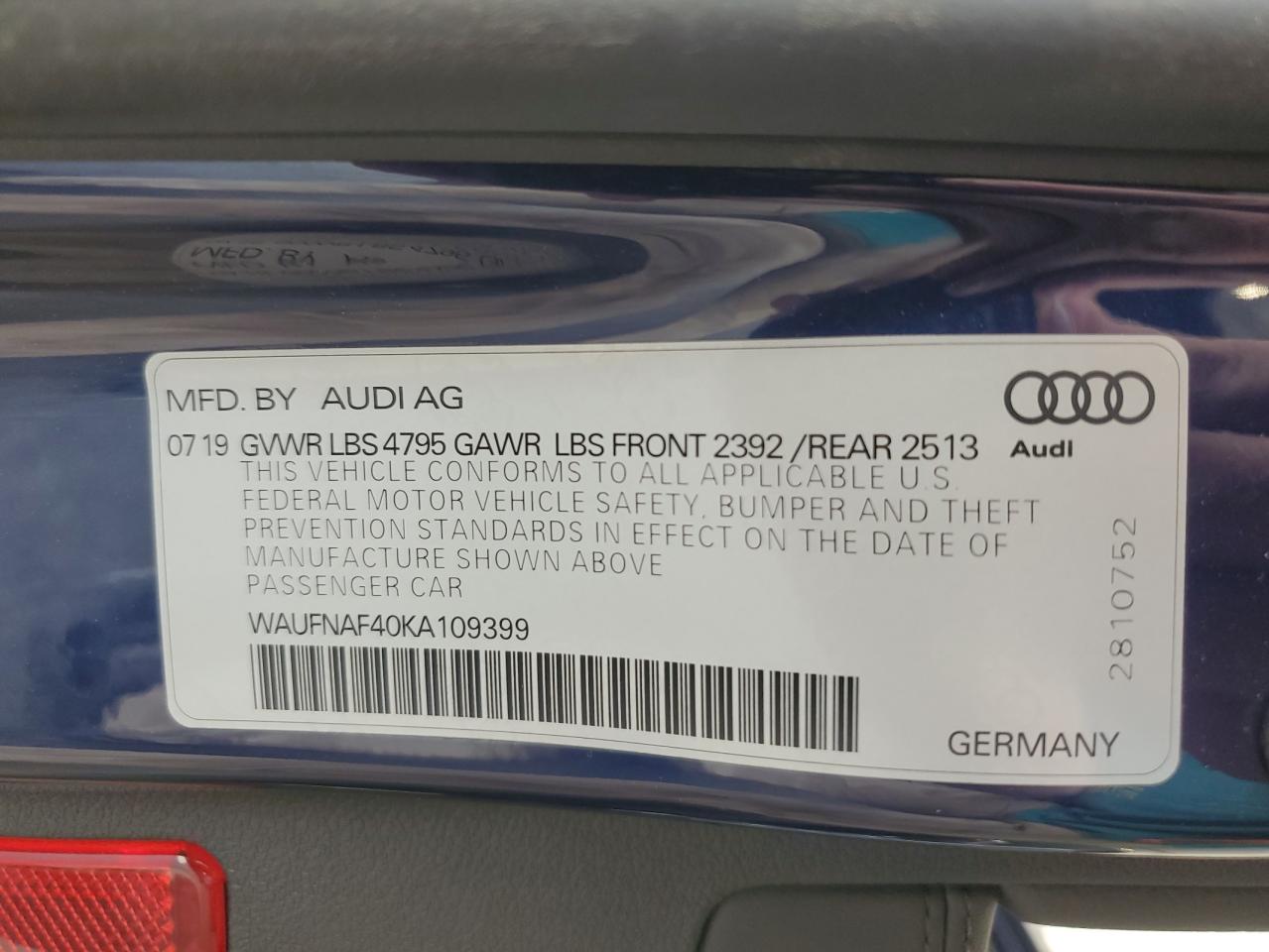 2019 Audi A4 Prestige VIN: WAUFNAF40KA109399 Lot: 65785825