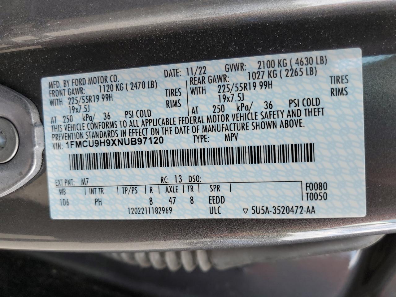 2022 Ford Escape Sel VIN: 1FMCU9H9XNUB97120 Lot: 63312975