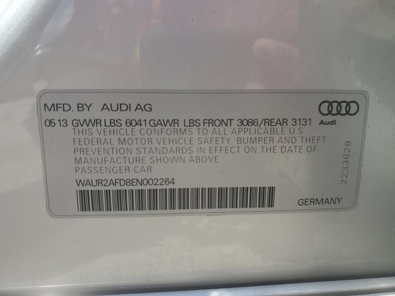 2014 Audi A8 L Quattro VIN: WAUR2AFD8EN002264 Lot: 66563225