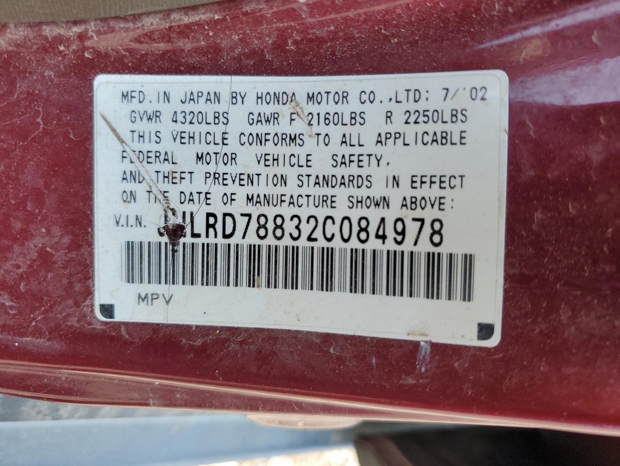 2002 Honda Cr-V Ex VIN: JHLRD78832C084978 Lot: 65200945