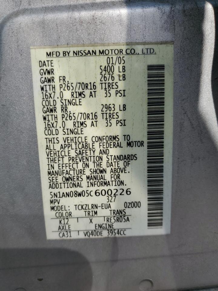 2005 Nissan Xterra Off Road VIN: 5N1AN08W05C600226 Lot: 65444355