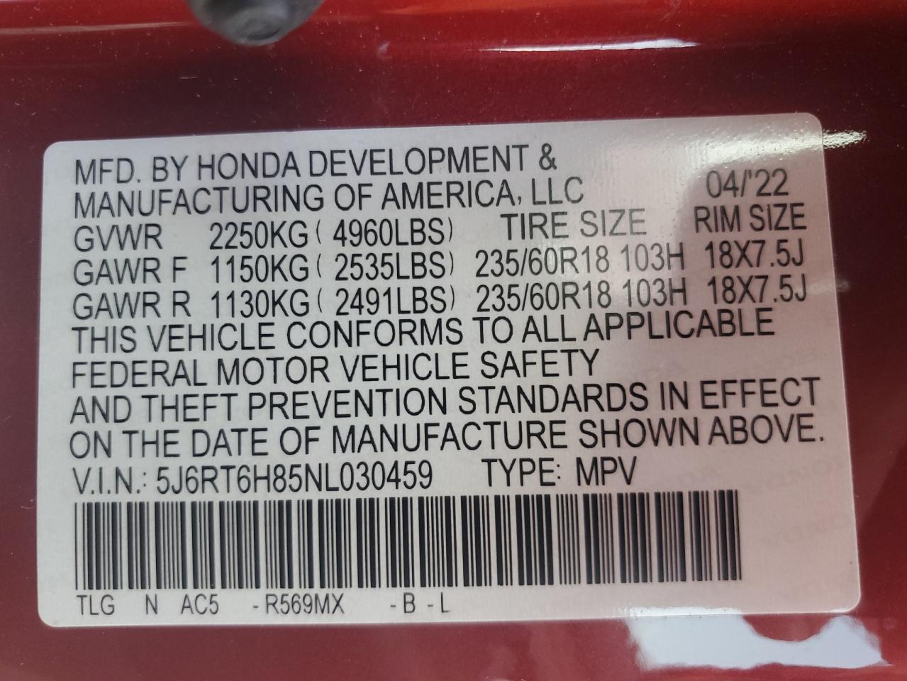 2022 Honda Cr-V Exl VIN: 5J6RT6H85NL030459 Lot: 63350515