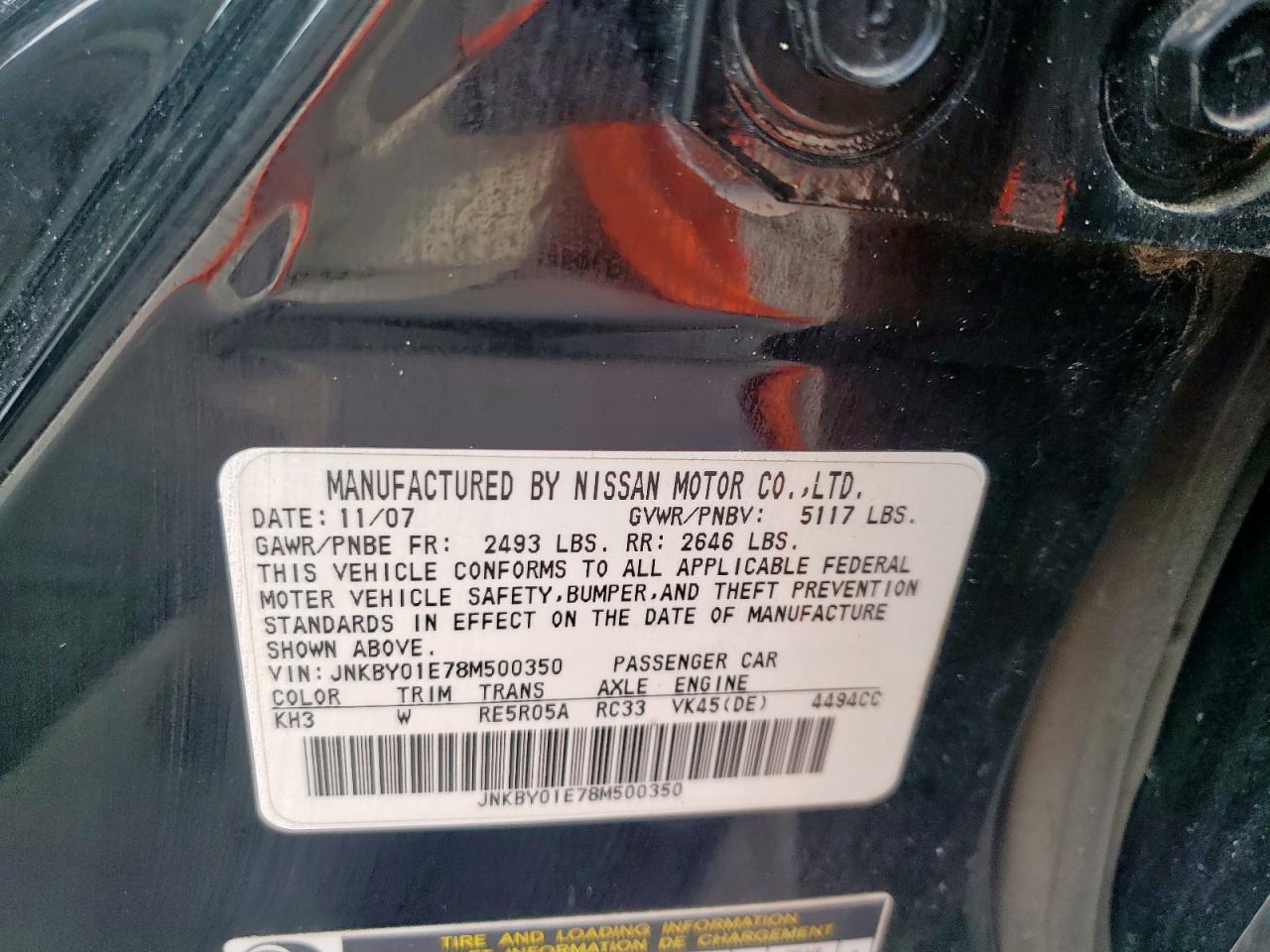 2008 Infiniti M45 Base VIN: JNKBY01E78M500350 Lot: 63336955