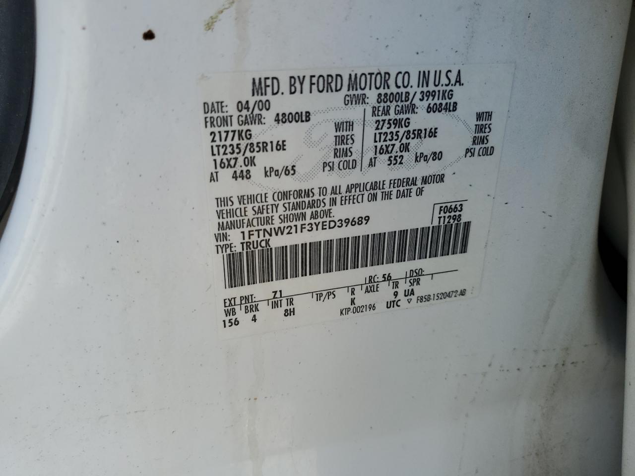 2000 Ford F250 Super Duty VIN: 1FTNW21F3YED39689 Lot: 66847825
