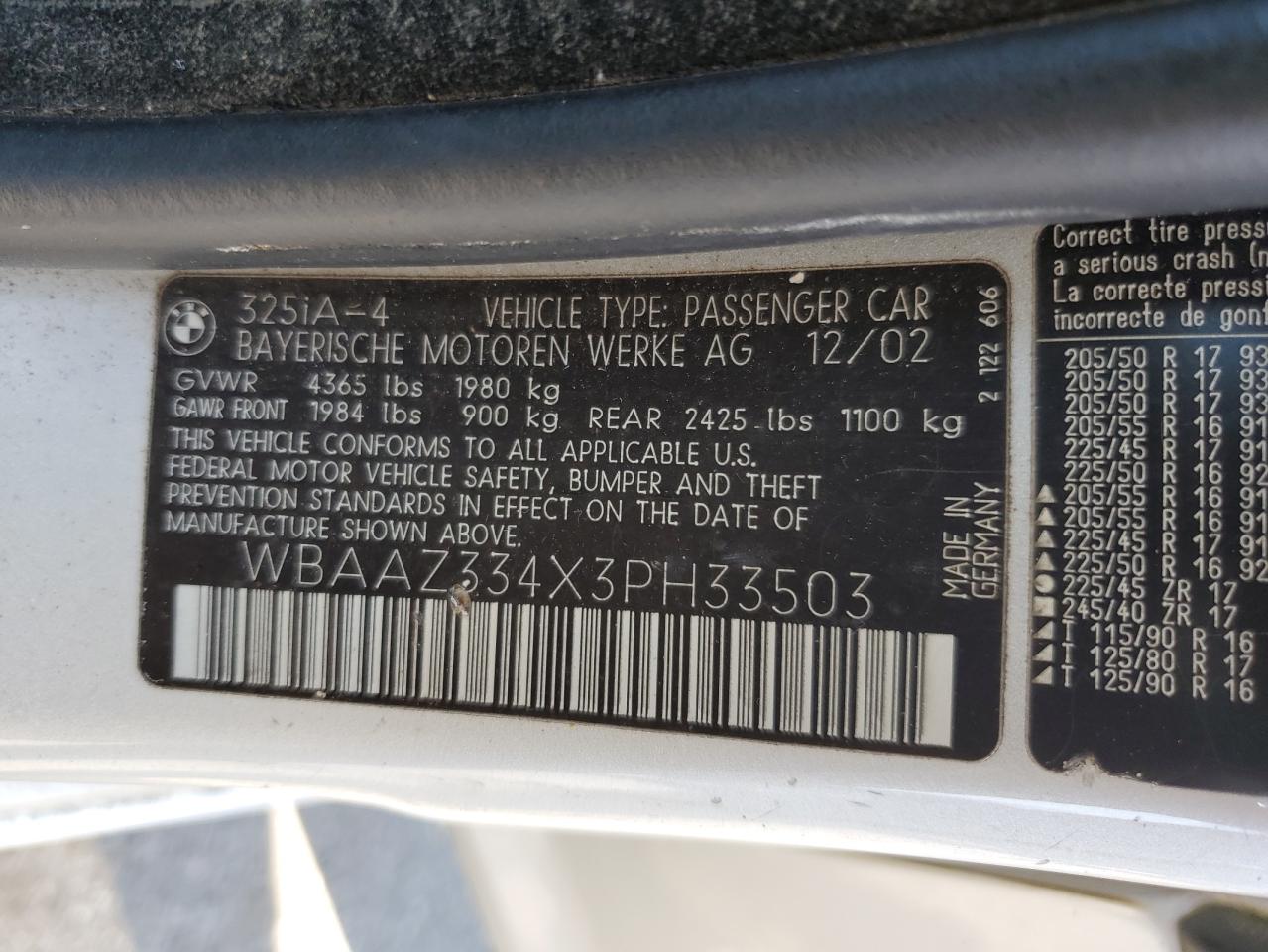 2003 BMW 325 I VIN: WBAAZ334X3PH33503 Lot: 65090995
